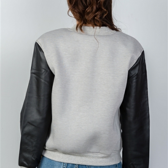 Black/Grey Colorblock Vegan Varsity Faux Leather Jacket Sequins Details - Picture 6 of 8